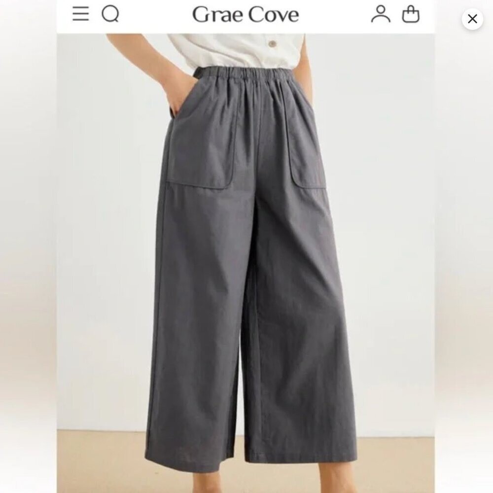 NWT Grae Cove Olina Linen Wide Leg Crop Pants w/ Pockets in Grey Sz XL - Picture 2 of 8